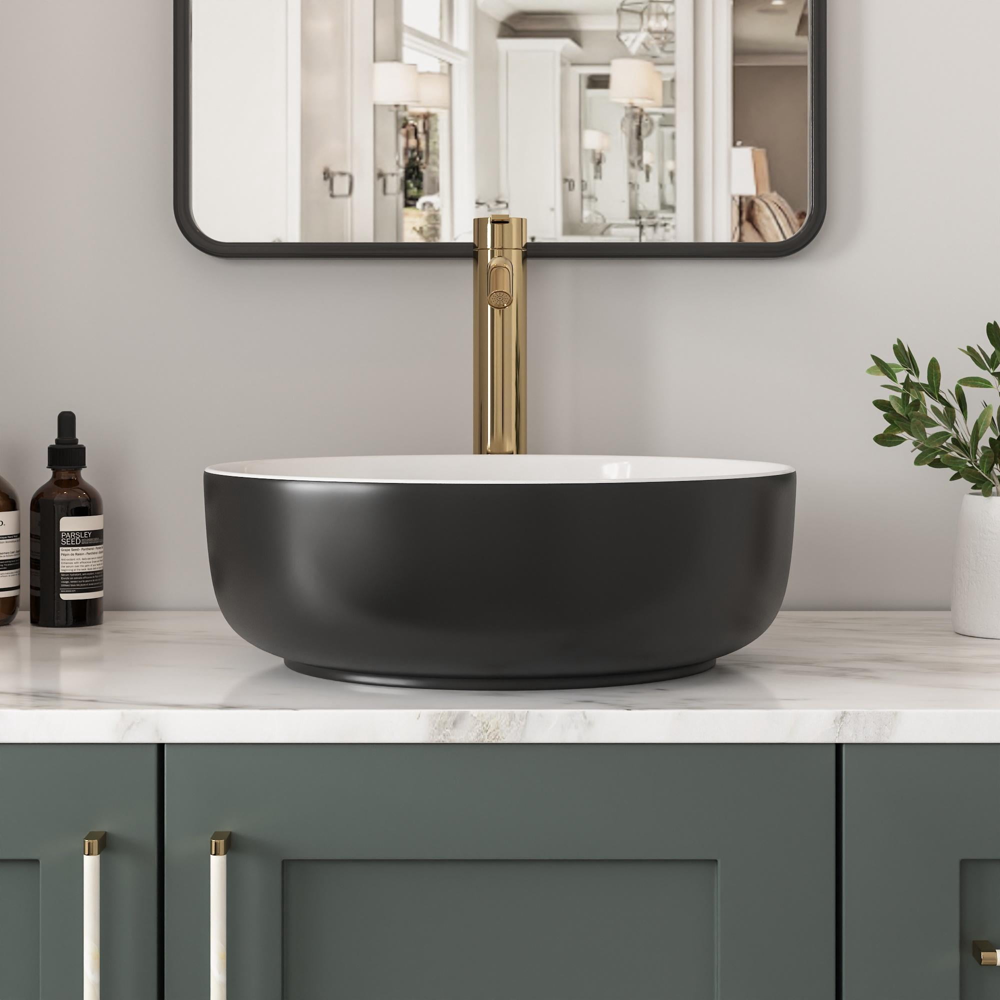 Symmetry 16 in. Round Ceramic Vessel Bathroom Sink in Black and White Body Not Included Faucet