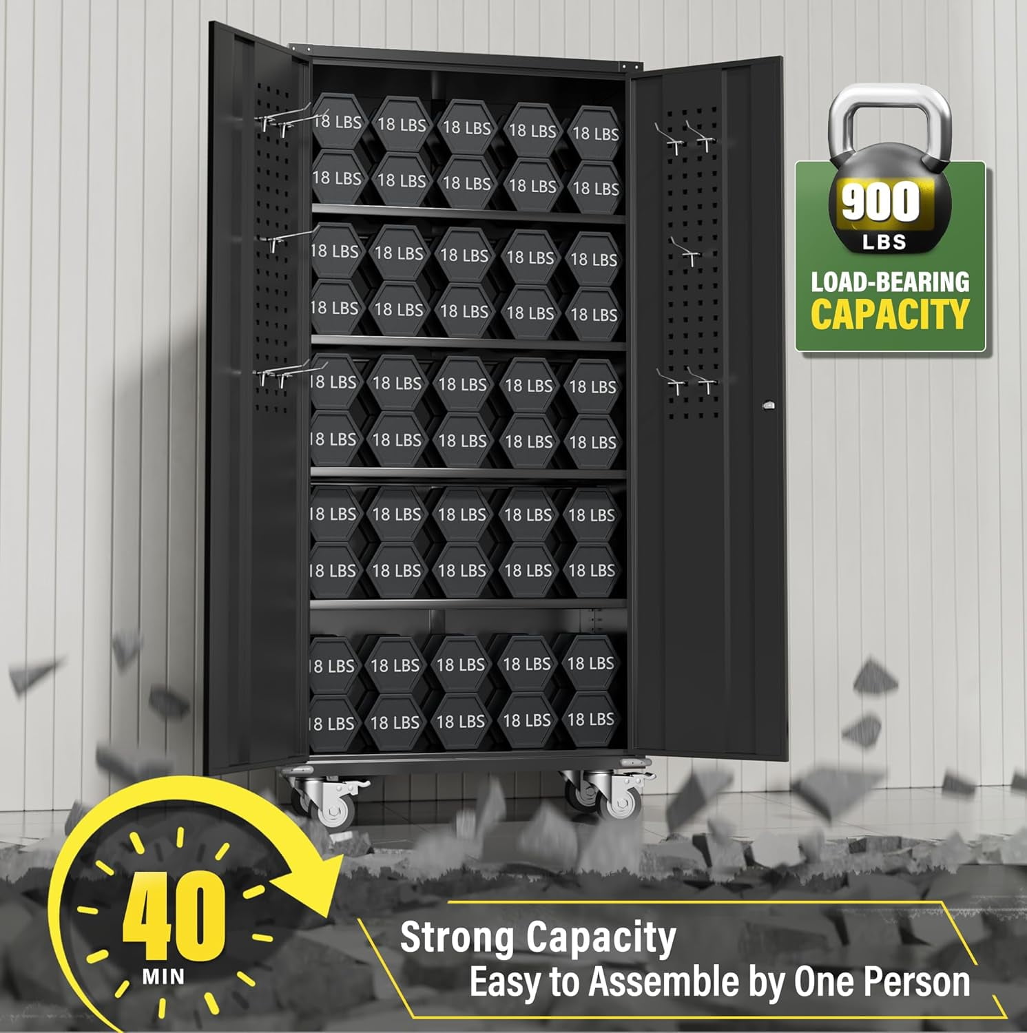SUNCROWN Metal Storage Cabinet with Wheels,72” Black Garage Storage Cabinet with Pegboards and Wheels, Rolling Tool Cabinet with Locking Doors and Shelves for Home,Basement, Kitchen Pantry,Warehouse