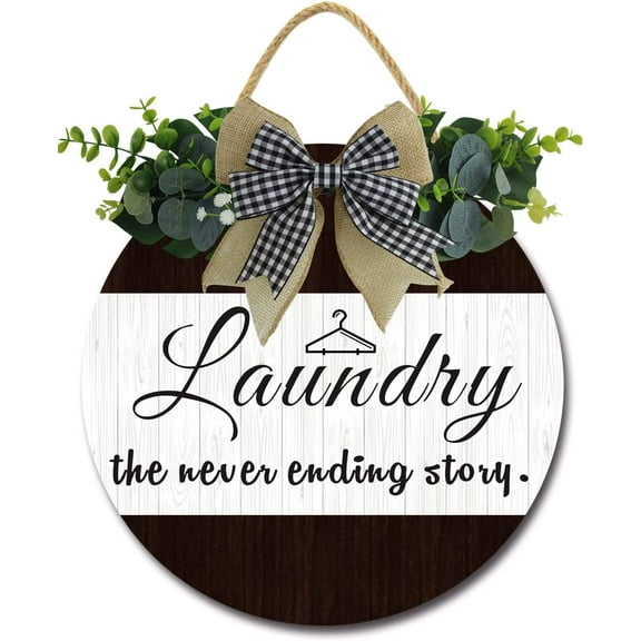 Eveokoki 12" Laundry The Never Ending Story Laundry Room Sign Rustic Wooden Round Plaque Wreaths for Wall Door Sign Vintage Hanging Laundry Room Decor for Wash House Farmhouse