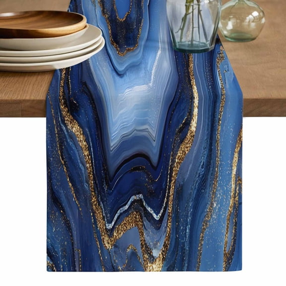 Navy Blue Marble Table Runner, Contemporary Ink Painting Abstract Washable Cotton Linen Table Runners 36 Inches Long, Dresser Scarf Runner for Nightstand/End Tables/Round Tables 13''x36''