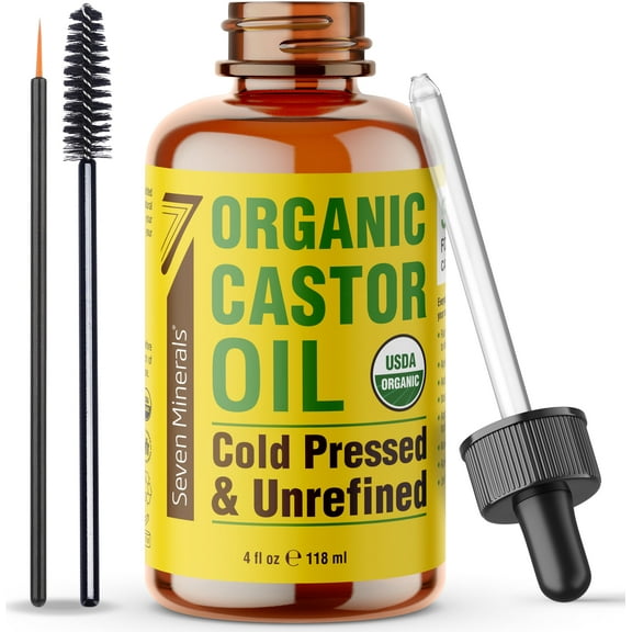 Seven Minerals 4oz Organic Castor Oil for Eyelashes, Eyebrows, Face & Hair Growth