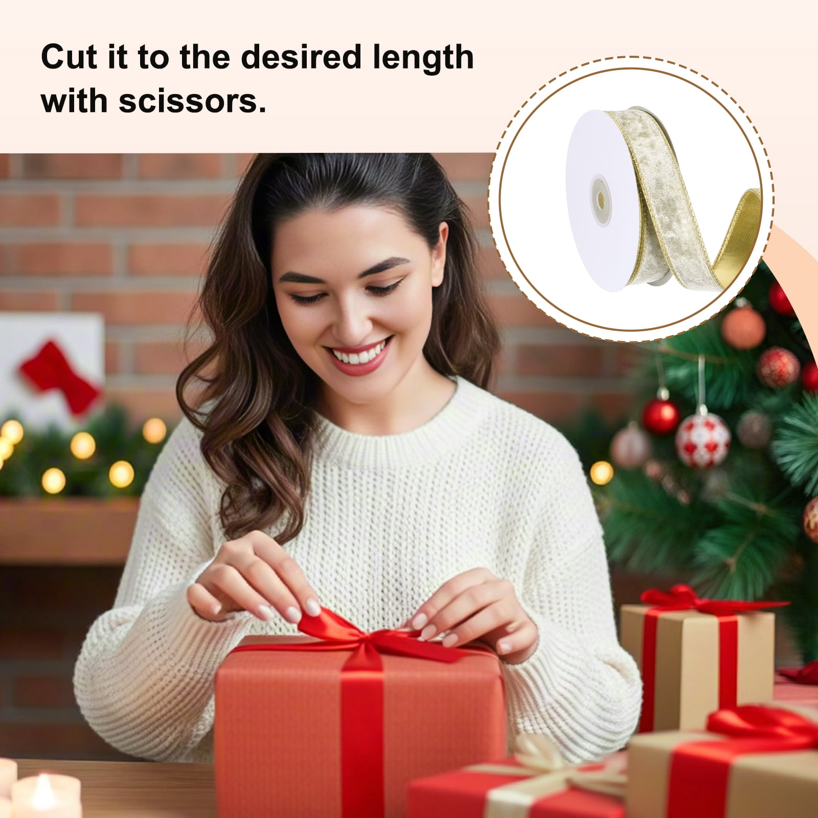Uxcell Velvet Wired Ribbon, (1 Inch x 10 Yards, 2 Pcs)(Champagne) Velvety Gold Crushed Ribbons Gift Wrapping Binding, Suit For- Crafts/Bow/Wreaths/Christmas Tree Decoration