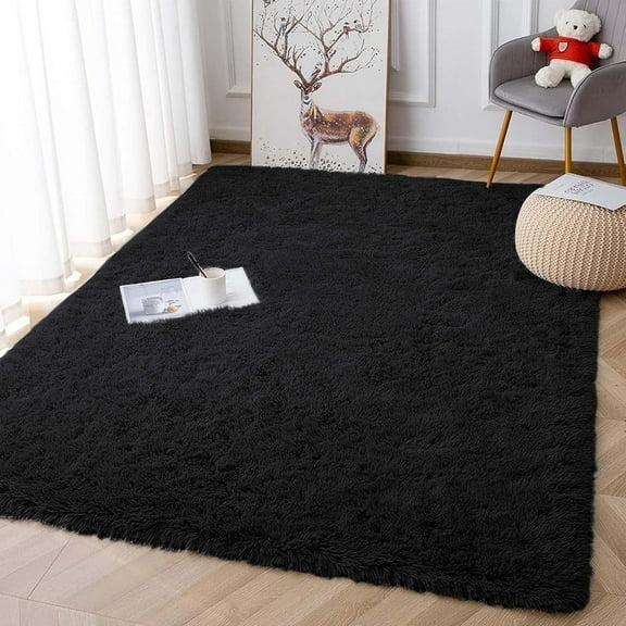 Cshidworld Area Rugs for Living Room Bedroom, 4x6 Ultra Soft Comfy Fluffy Thickened Memory-Foam Indoor Carpets, Modern Minimalist Carpet for Teen Adults Apartment Bedroom Home Decor, Black