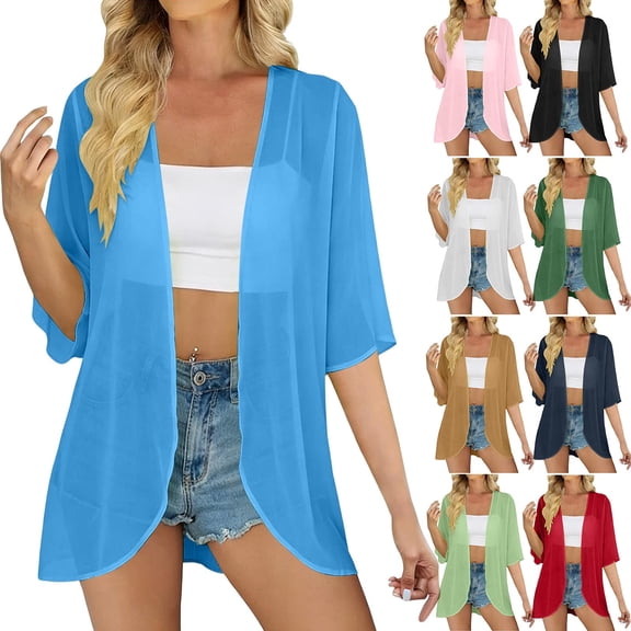 GERsome Womens Cardigans Summer Beach Cover Up Swimwear Short Sleeve Chiffon Kimono Loose Casual Tops,Blue,Size L