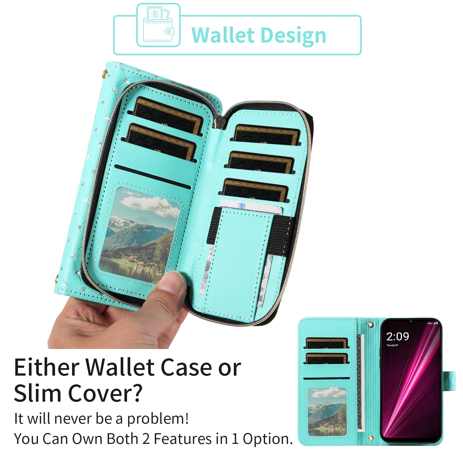 Compatible with T-Mobile Revvl 6/6X 5G Wallet Phone Case Tempered Glass Screen Protector Bling Crossbody Lanyard Strap Flip Zipper Purse Card Holder Cell Cover for Tmobile Revvl6 X Revv6X Women Green