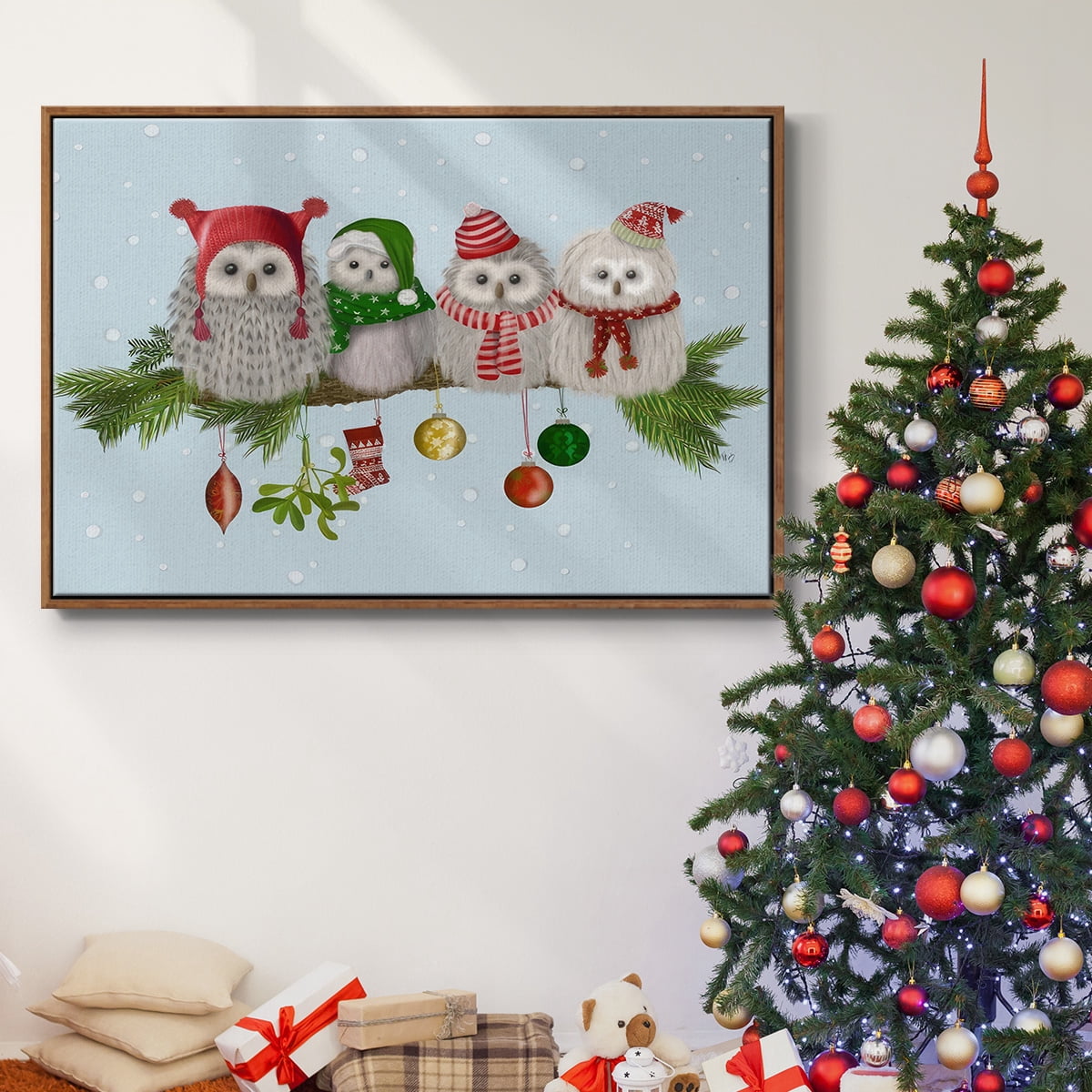 Christmas Fluffy Christmas Owls on Branch - Framed Gallery Wrapped Holiday Canvas - 17 x 25 - Rosewood Frame