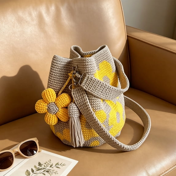 Fuebueo 7.9 Inch Crochet Summer Handbags, Woven Bucket Bag with Floral Charm and Tassel, Boho Summer Beach Shoulder Bag for Women and Teens, Yellow Flower