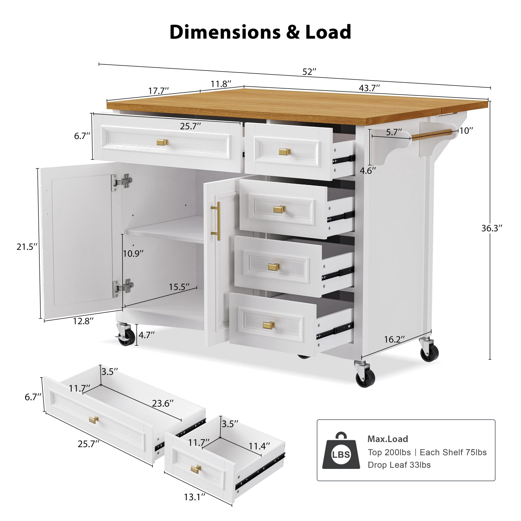 AENKYO 52'' Kitchen Island with Drop Leaf, Embossed Texture Kitchen Cart on Wheels with Spice Rack, Towel Rack, 2 Doors and 5 Drawers,Adjustable Shelf for Kitchen,White