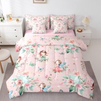 Manfei Fairy Tale Princess 7-Piece Twin Bedding Sets,Lovely Elf Girls Bedding Comforter Set,Country Floral Sheet Sets For Kids,Luxury Bedroom Decor Reversible
