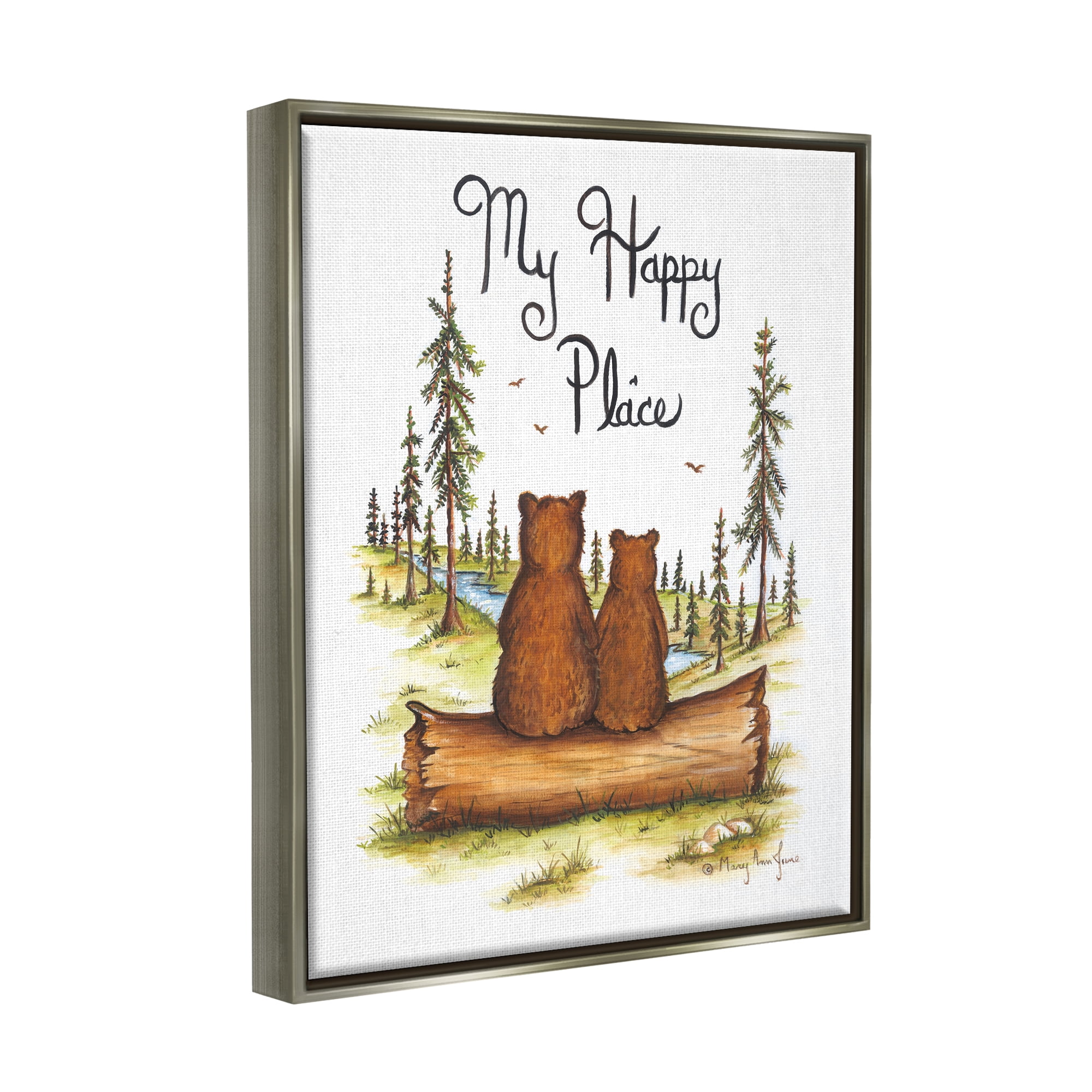 Stupell My Happy Place Woodland Lake Bears Animals & Insects Painting Gray Floater Framed Art Print Wall Art