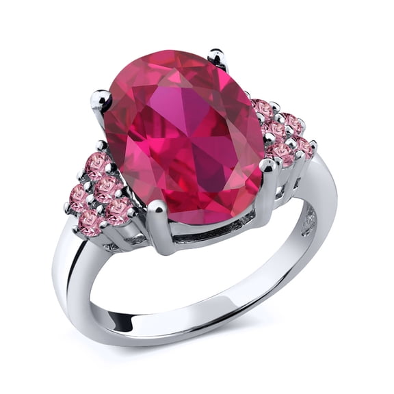 Gem Stone King 5.38 Ct Oval Red Created Ruby Pink Lab Grown Diamond 925 Sterling Silver Ring (Size 9)