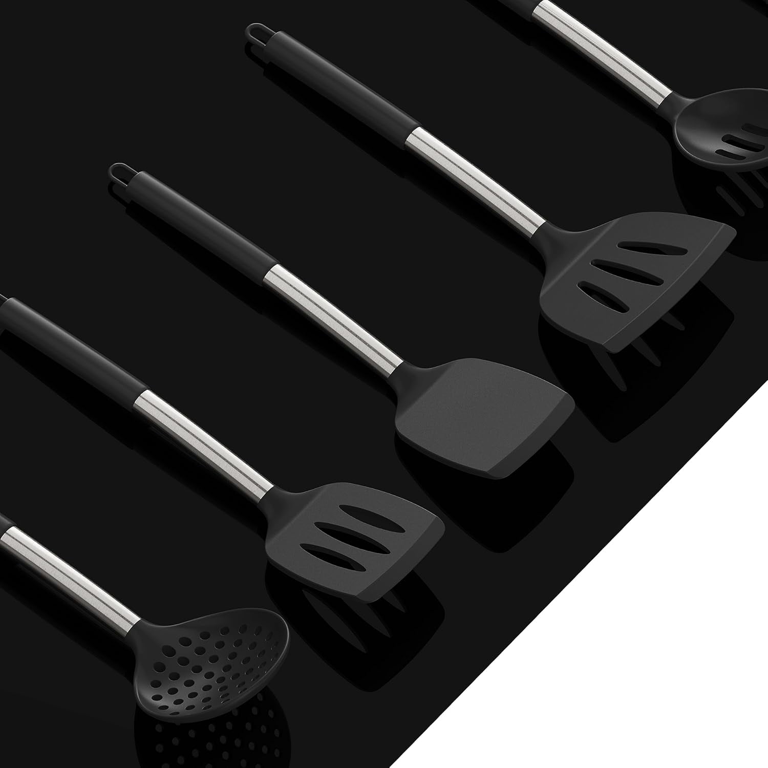 Large Silicone Cooking Utensils Set - Heat Resistant Kitchen Utensils Sets,Spatula,Spoon,Turner Tongs,Brush,Whisk,Stainless Steel Silicone Cooking Utensil for Nonstick Cookware Dishwasher Safe (Black