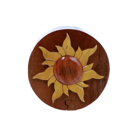 Handcrafted Wooden Round Shape Sun & Sunshine Secret Jewelry Puzzle Box - Sun