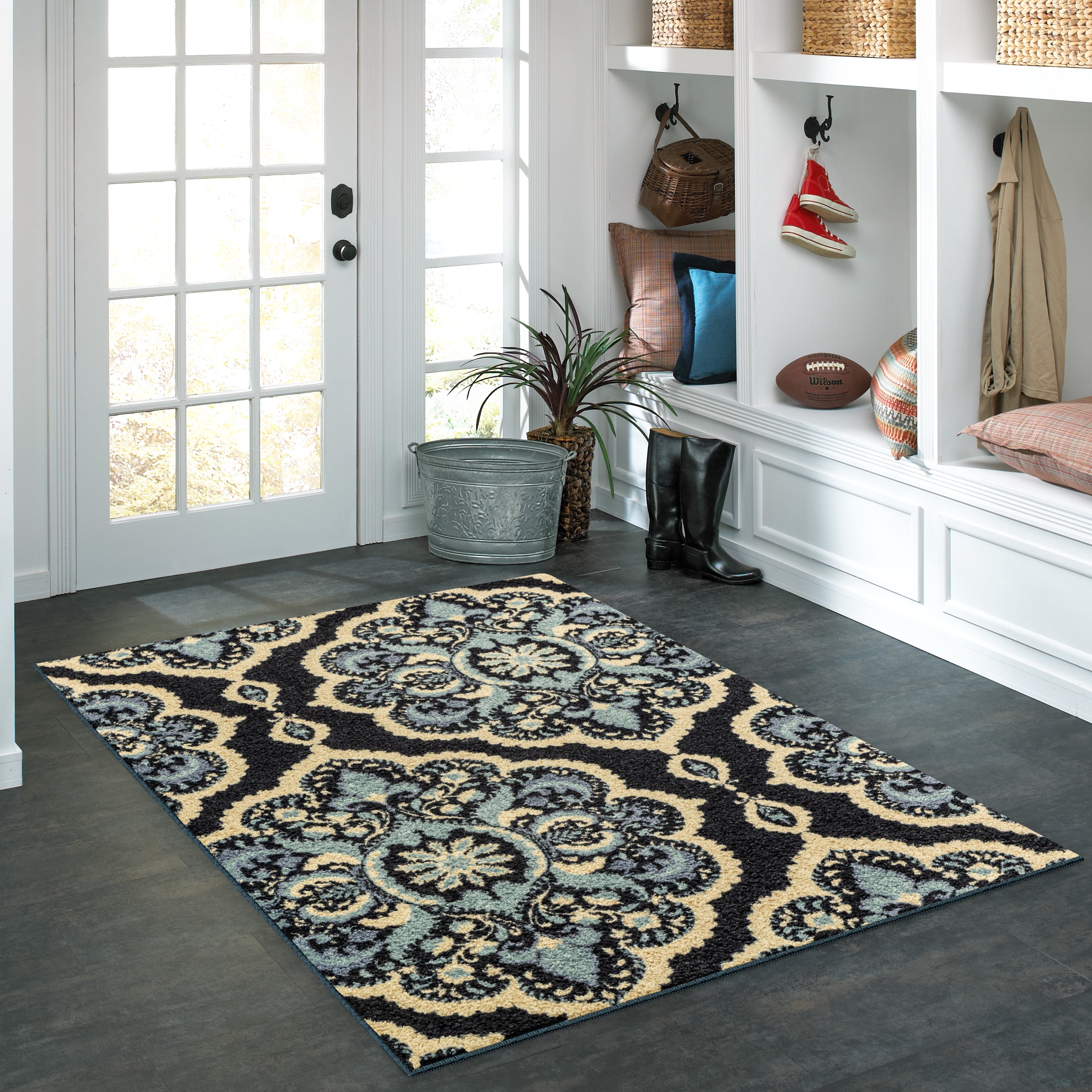 Maples Rugs Vivian Transitional Medallion Persian Blue Non Slip Indoor Area Rug, 3'4 x 5'