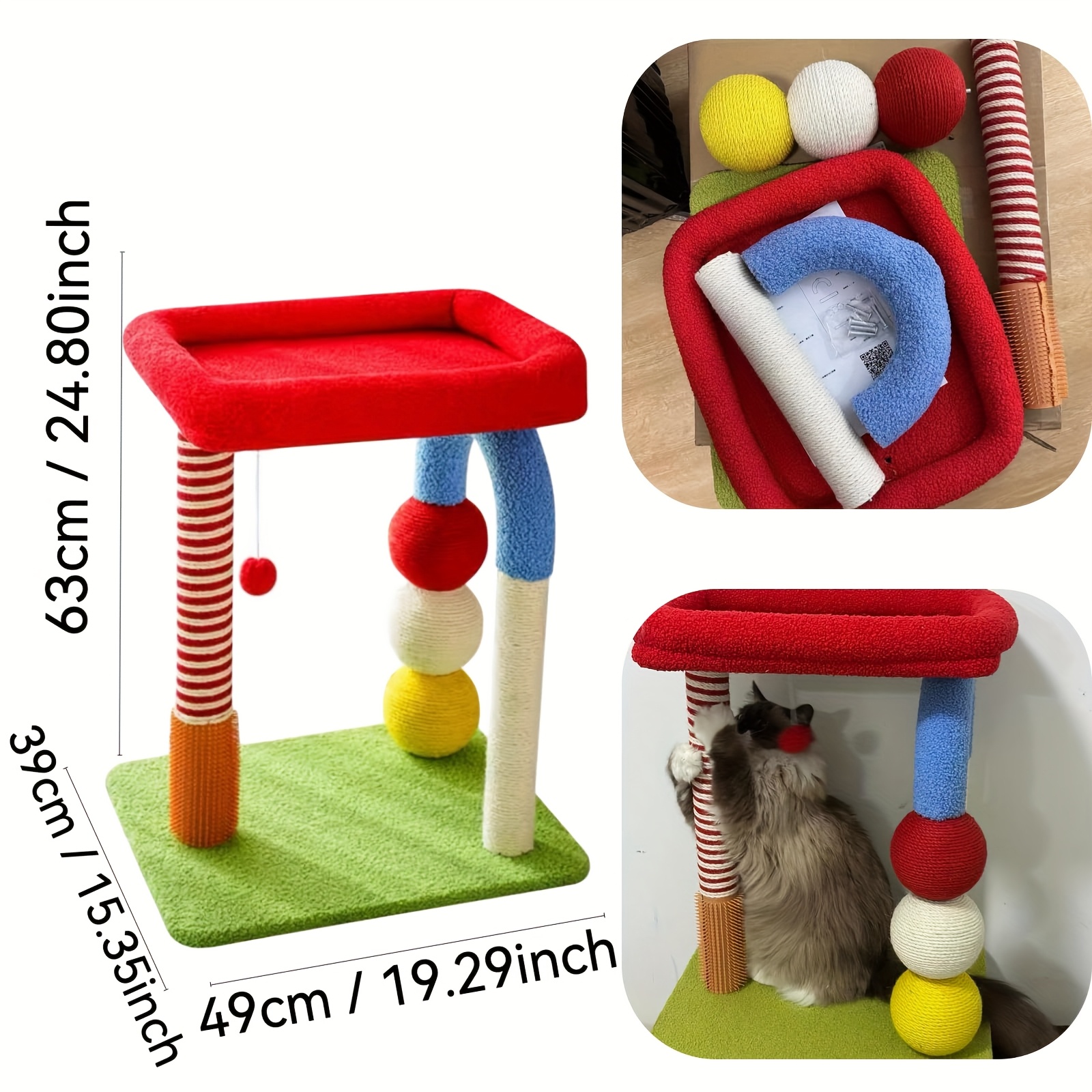 Small U-Shaped Cat Tree- Sisal Rope Scratching Post, Toy Ball, Cat Self-Groomer, Top Perch for Small/Medium Cats, Multi-Cat Homes-Colorful（24in）