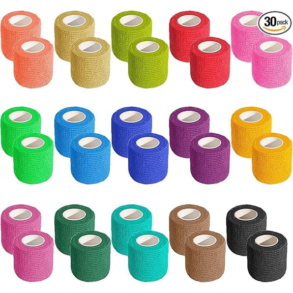 30 Pack 2 Inch x 5 Yards Self Adhesive Bandage Assorted Color Breathable Cohesive Bandage Wrap Rolls Elastic Self-Adherent Tape for Stretch Athletic, Sports, Wrist, Ankle