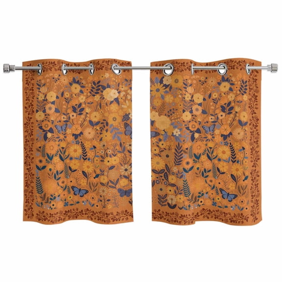 2 Panels Kitchen Tier Curtains 39 Inch Length, Boho Yellow Flowers Grommets Window Treatment Curtain, Spring Abstract Watercolor Floral Leaf Thermal Curtains Drapes for Living Room/Bathroom