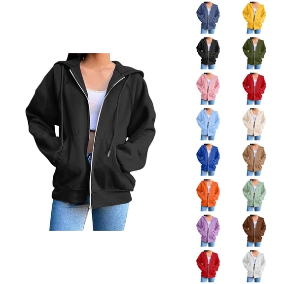 Hooded Jacket for Women with Pockets Long Sleeve Casual Zip Up Sweatshirt Cardigan Outerwear