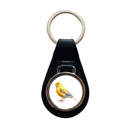 Yellow Canary Bird Watercolor Metal Black Leather Keychain
