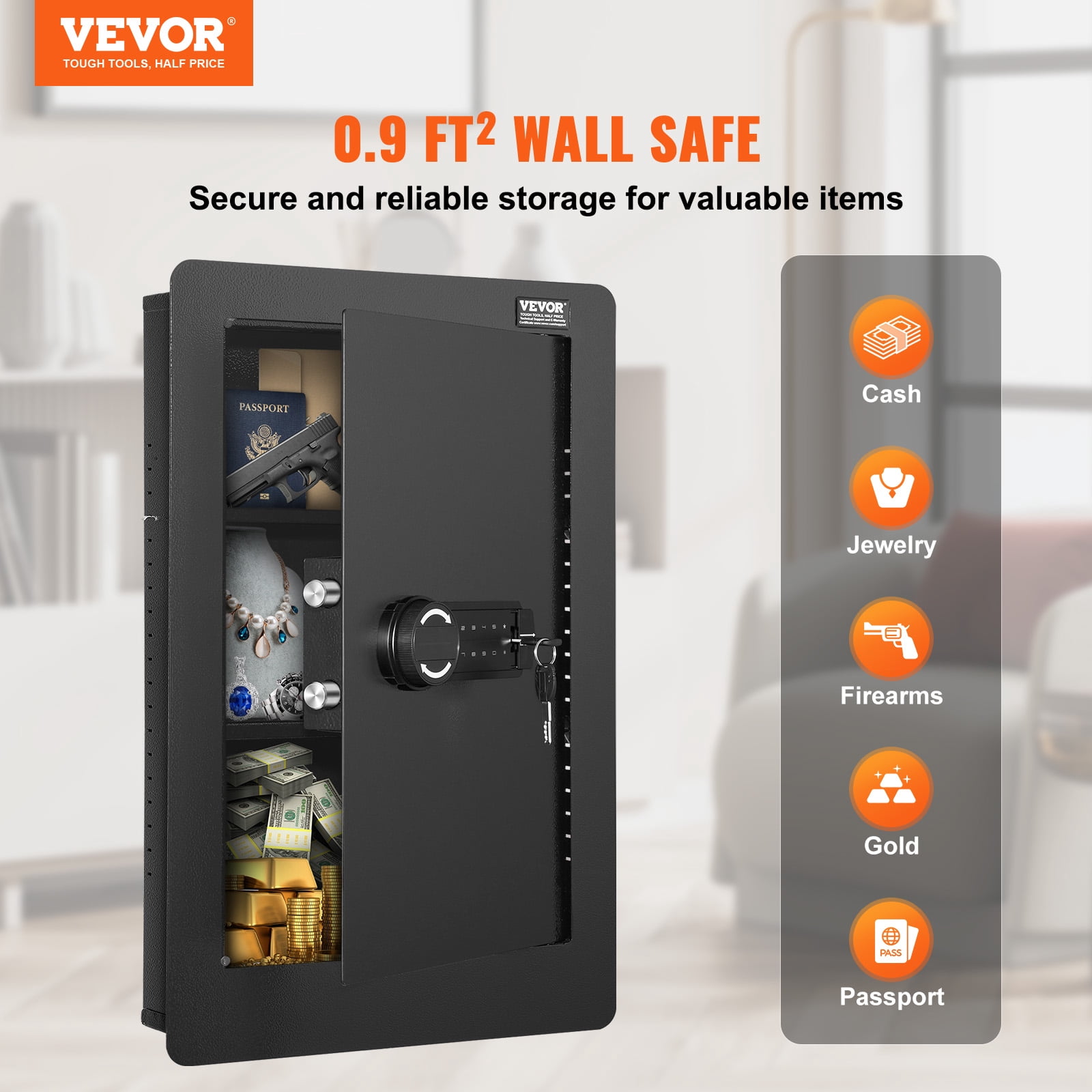 VEVOR 25.59" Tall Wall Safe,3-Tier Hidden Wall Safe with Keypad, 3 Removable Shelves & 6 Key Holders, Q235 Cold-Rolled Steel In Wall Safe with LED Light & Vibration Alarm for Money, Jewelry,Passport