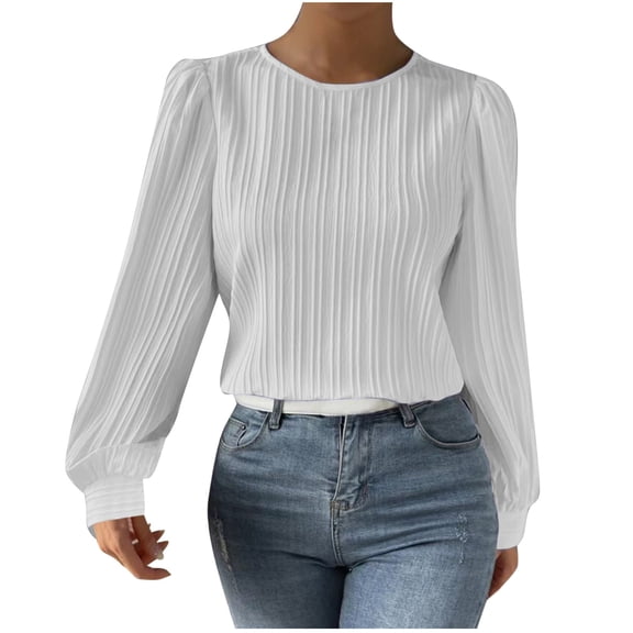 hotojiny Womens Long Sleeve Shirts Crew Neck Pleated Tunic Tops Loose Solid Blouses Fall Work Business Casual Shirts