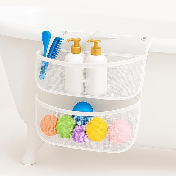 Colenumone Saddle Bath Toy Organizer, 2 Compartments Mesh Bathtub Toy Storage with 2 Detachable Suction Cups, Quick Drying Shower Toy Holder for Baby Toys and Essentials, Fits Rims up to 4.5"