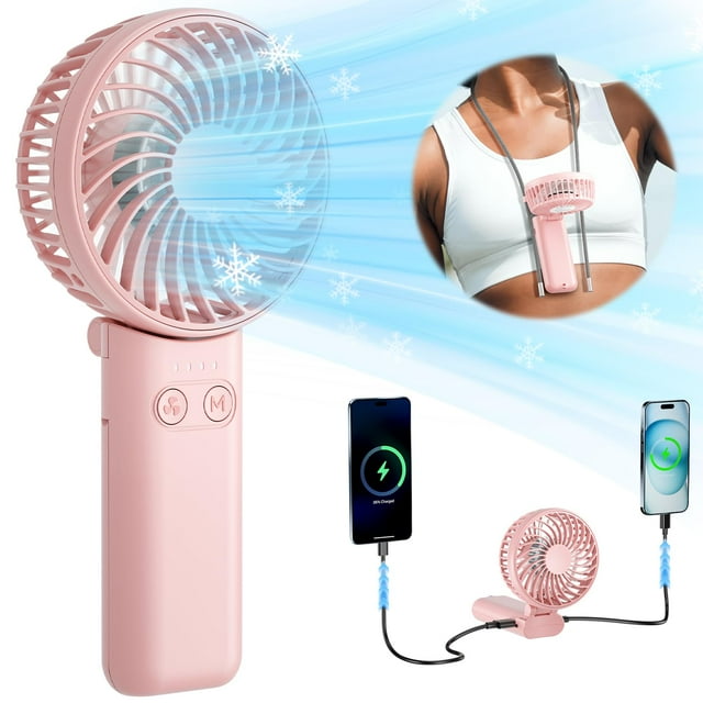 Ventilador portátil HandFan mejorado, 5 velocidades, fuerte flujo de aire, rosa