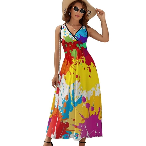 Splatter Color Background Sleeveless Dress Dresses Women Summer Evening Dresses Ladies Bohemia Long Dresses