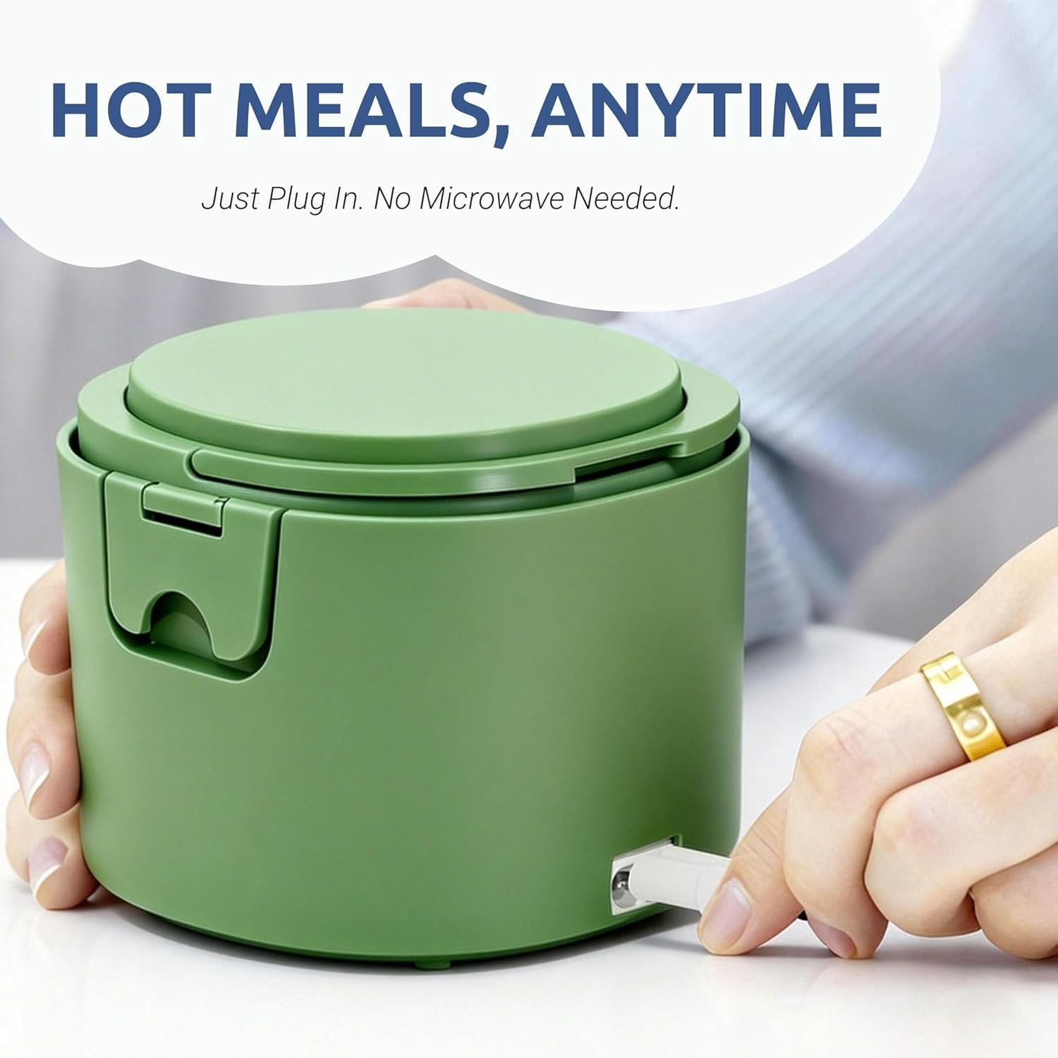 Portable 20-Ounce Electric Heated Lunch Box, 2.5-Cup  Warmer for Travel & Office, Leak-Proof -Sealed Lid, Foldable Handle, Ideal for Soup, Chili & Leftovers, Green