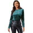 thumbnail image 2 of Camiseta casual de manga larga con cuello redondo y parte superior de terciopelo para mujer Azul Verde S, 2 of 2