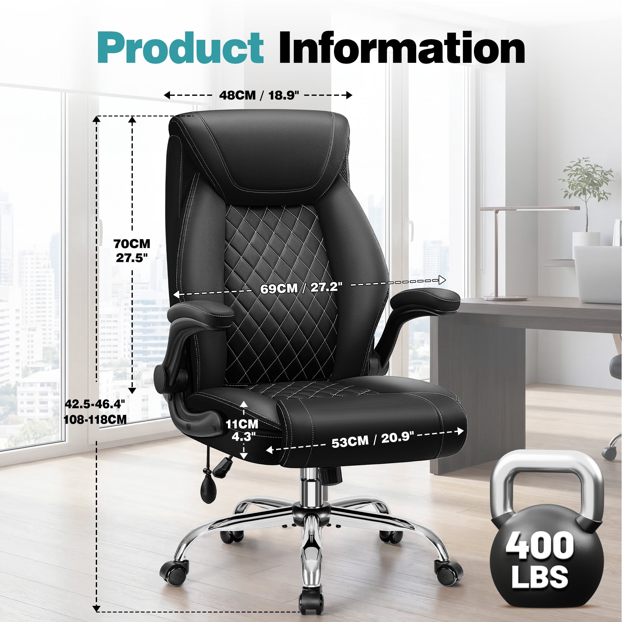 ATHOPE Leather Office Chair, Executive Desk Chairs with Flip-up Padded Armrests, Big and Tall Office Chair with Wheels, Ergonomic Computer Chair with Lumbar Support for Home Office, Black