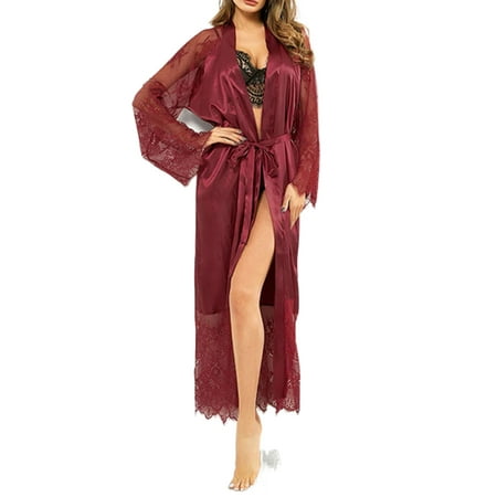 

CenturyX Women Lace Babydoll Lingerie Long Robe Nightgown Long Sleeve Kimono Satin Gown Lingerie Sleepwear Red L