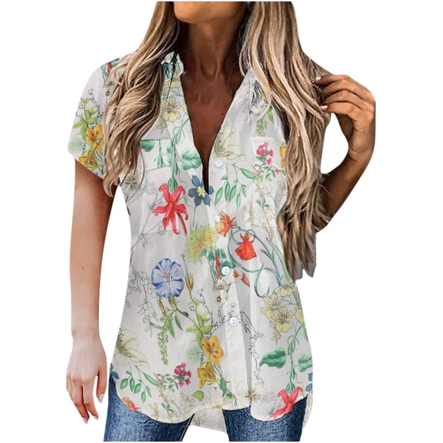 Moda mujer solapa impresión botón frontal cárdigan manga corta camisa Tops abrigo Pompotops qwe20259