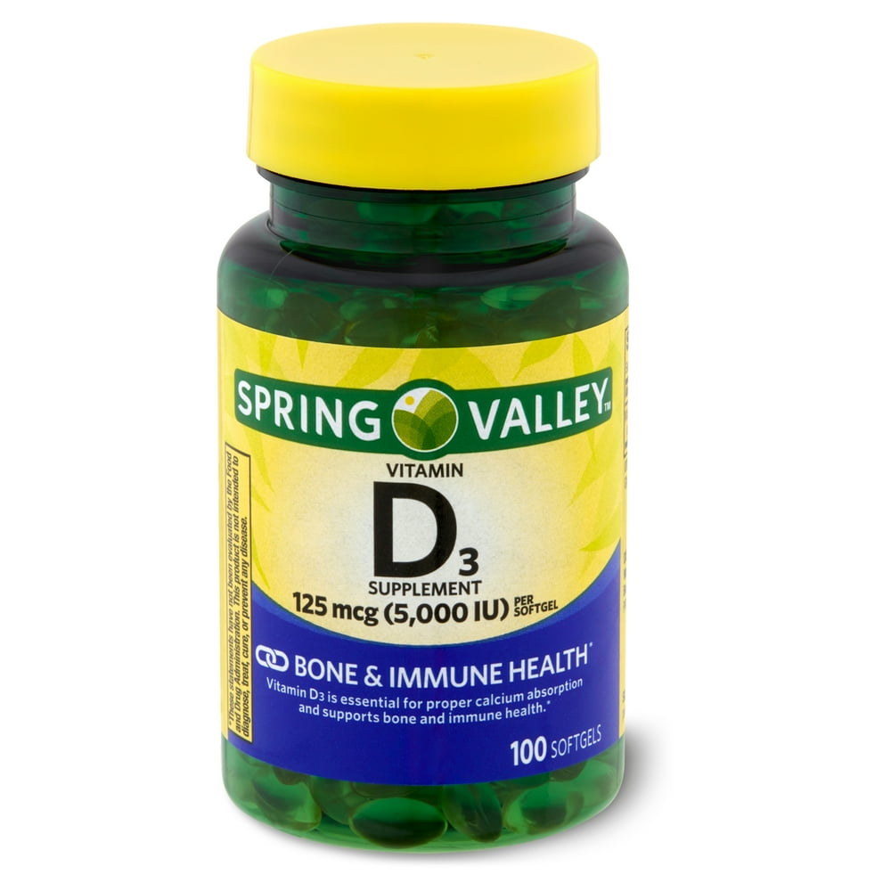 Spring Valley Vitamin D3 Softgels, 5000 IU, 100 Count