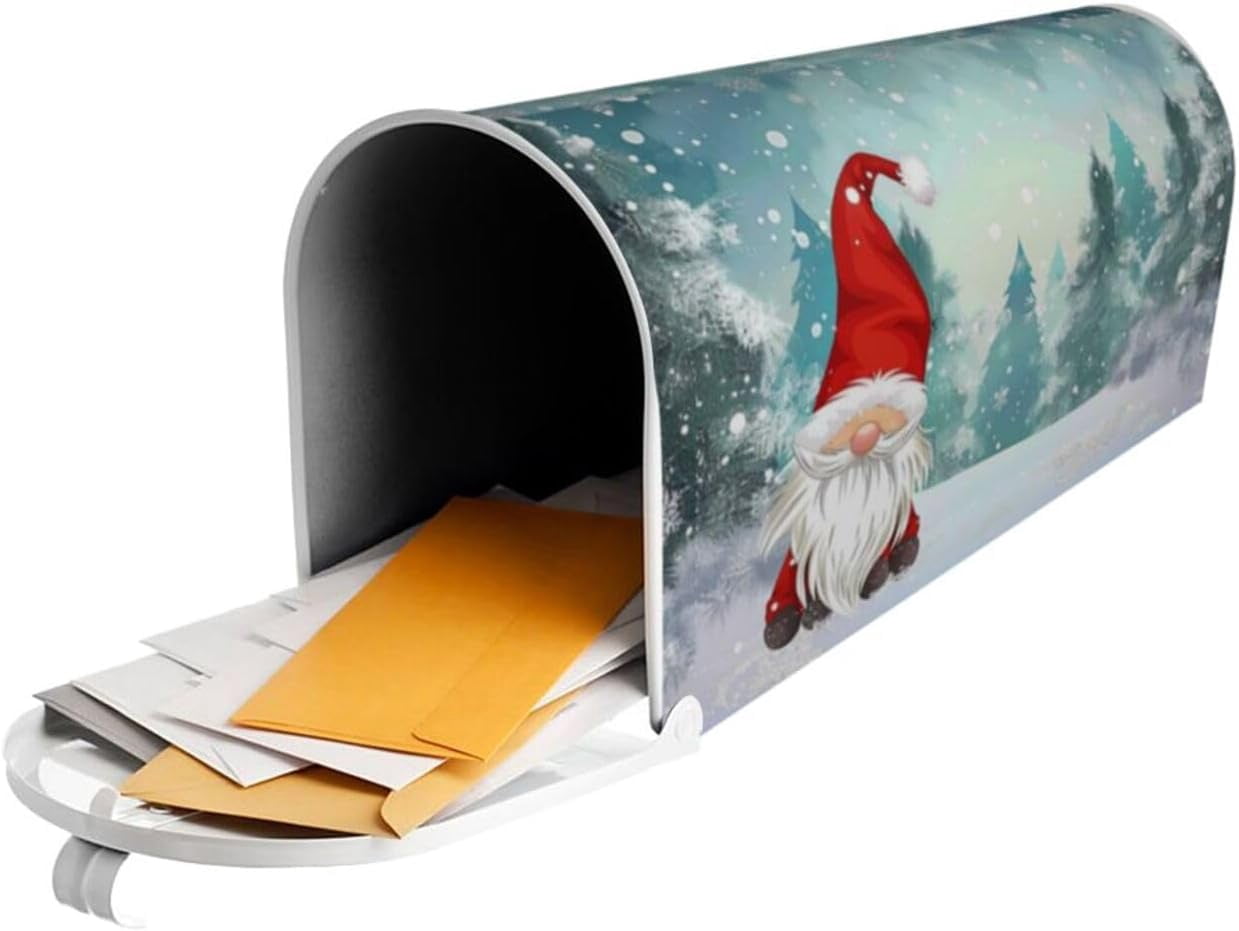 Merry Christmas Gnome Standing Snowfall Mailbox Covers Magnetic Winter Snow Snowflake White World Post Box Cover Wraps Large Size 25.5x21 in Inches for Garden Yard Décor