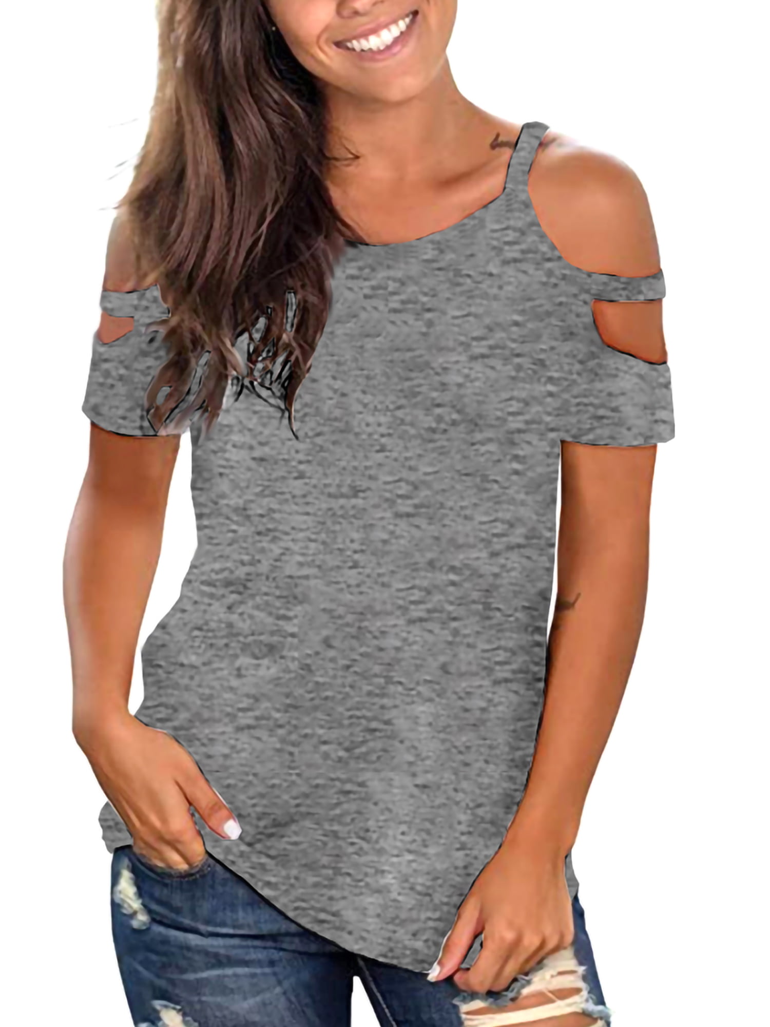 Amoretu Women/'s Short Sleeve T Shirt Strappy Cold Shoulder Tunic Tops