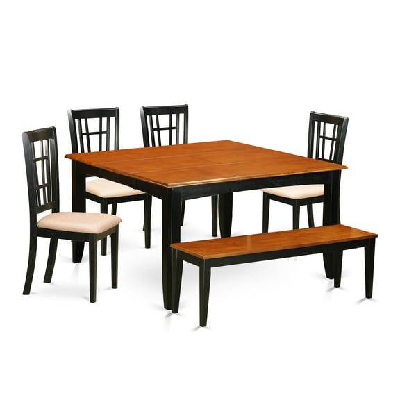 East West Furniture  Set Contains a Square Table with Butterfly Leaf and Dining Chairs with a Bench (Chair Seat Type Options) PFNI6-BCH-C