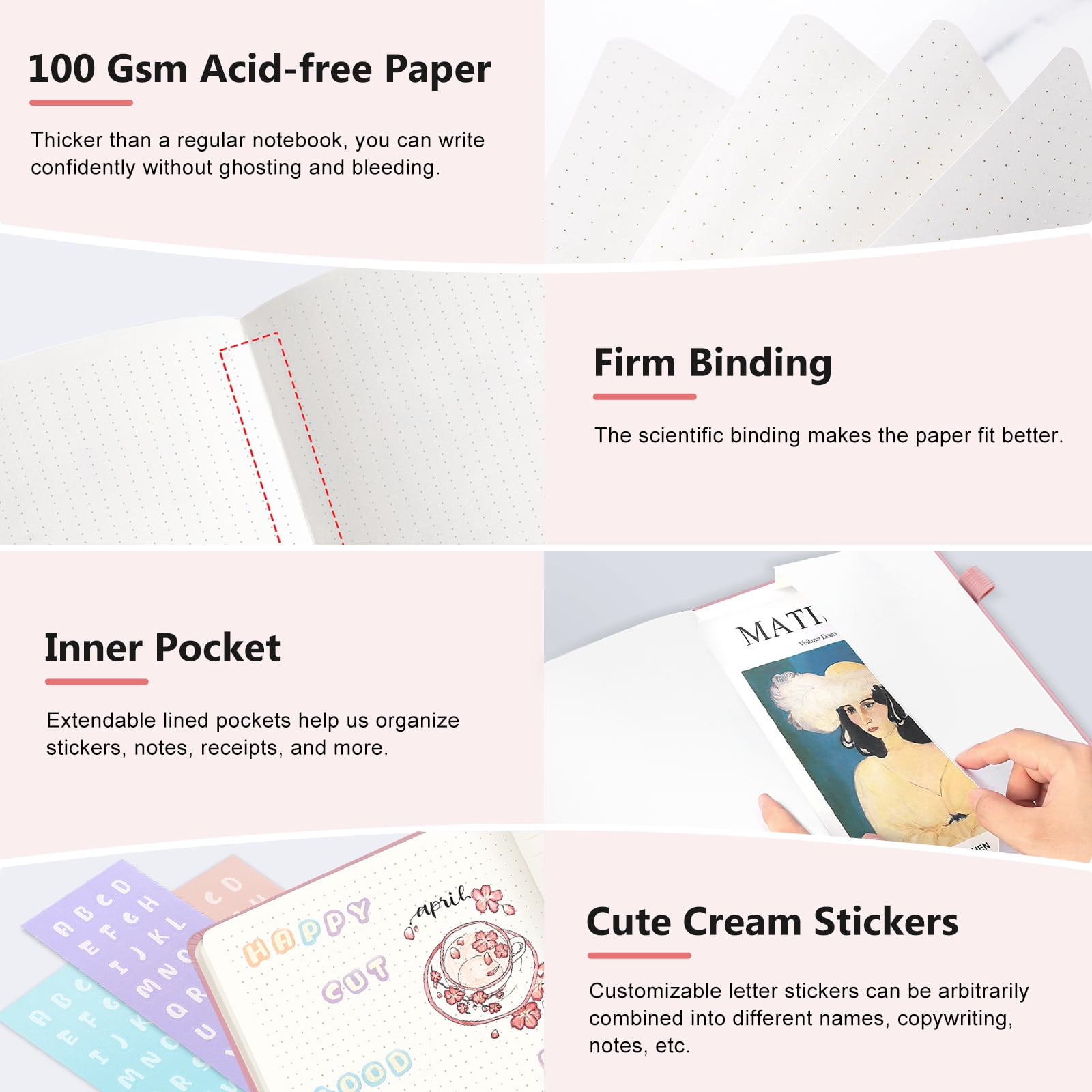 1Pack Small Journal Notebook,Hardcover Journals for Women Men,Dotted,Grid,Pen Loop, Stickers,A6,100 gsm Thick Paper,160 Pages,3.6in x 5.6in