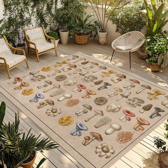 Mushroom Plants Outdoor Rug for Patio/Deck/Porch, Non-Slip Large Area Rug 3 x 5 Ft, Vintage Farmhous Botanical Brown Indoor Outdoor Rugs Washable Area Rugs, Reversible Camping Rug Carpet Runner