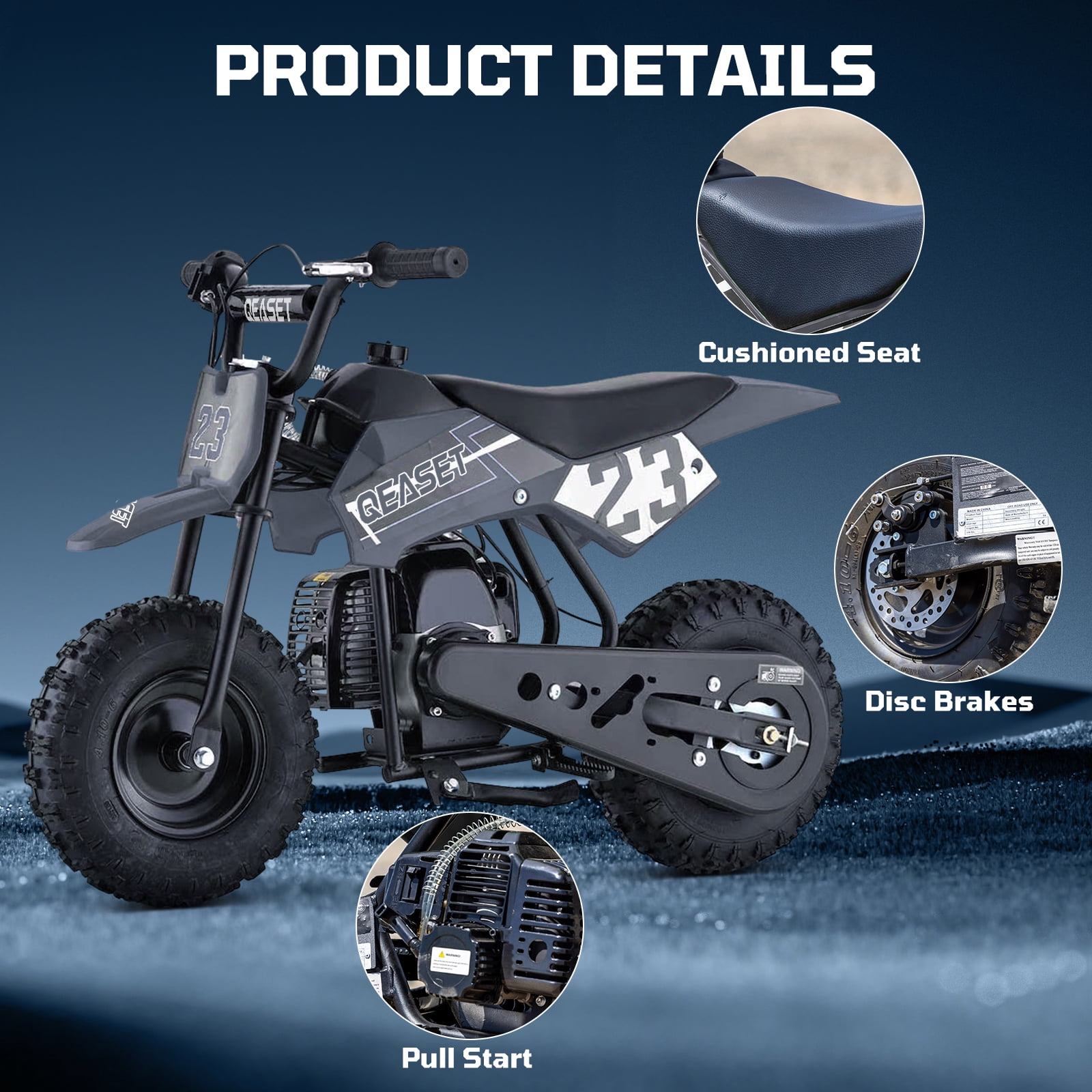 QEASET Mini Off-Road Dirt Bike, 49 CC 2-Stroke Gas Bike with Off-Rode Tire, Suspensions, Disc Brakes, Max Load 160Lbs, Max Speed 18Mph, Blac