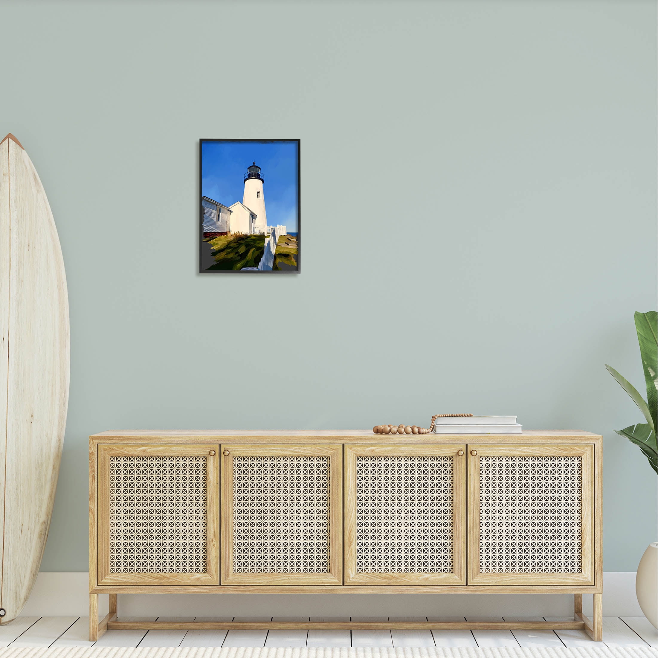 Stupell Industries Coastal Lighthouse Clear Blue Sky Graphic Art Black Framed Art Print Wall Art, Design by Emily Kalina