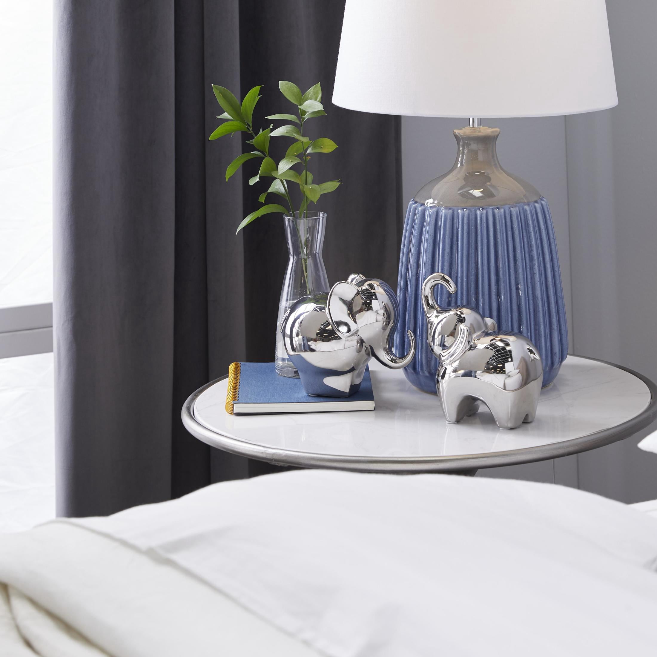 6", 7"H Silver Porcelain Ceramic Elephant Sculpture, by DecMode (2 Count)