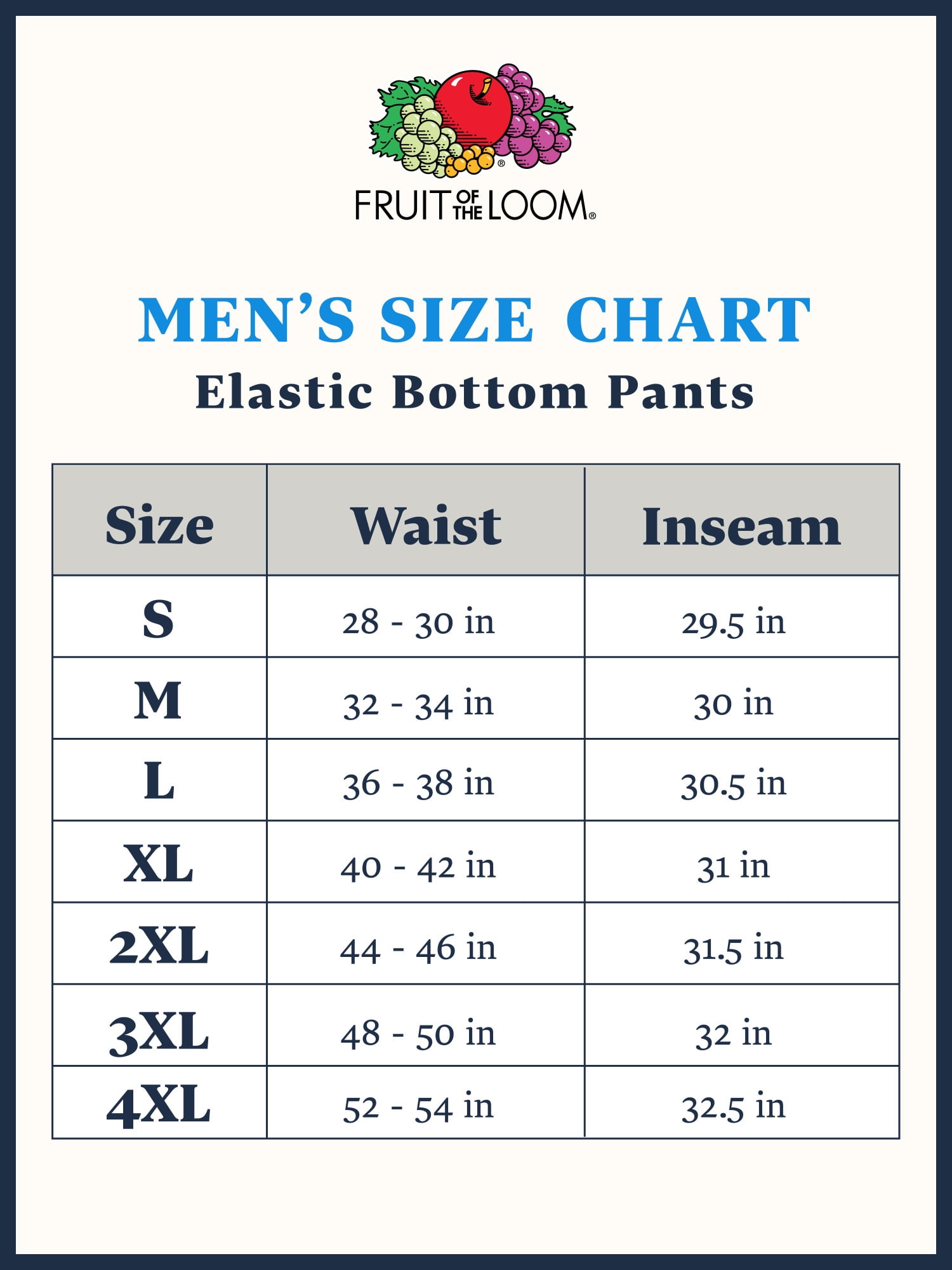 fruit of the loom sweatpants sizing