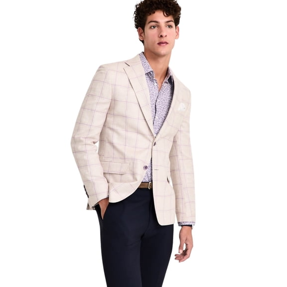 Tallia Mens Slim fit Linen Sport Coat Blazer 48 R Beige Plaid