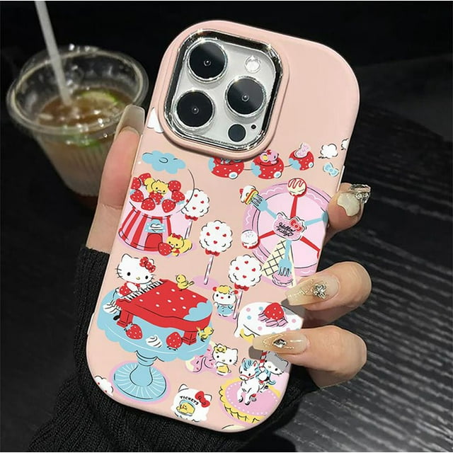 Sanrio Hello Kitty Gaming Phone Case Suitable for iPhone 15, 14, 13, 12, 11 Pro Max 7, 8 Plus, XR XS Max Silver Frame Phone Case