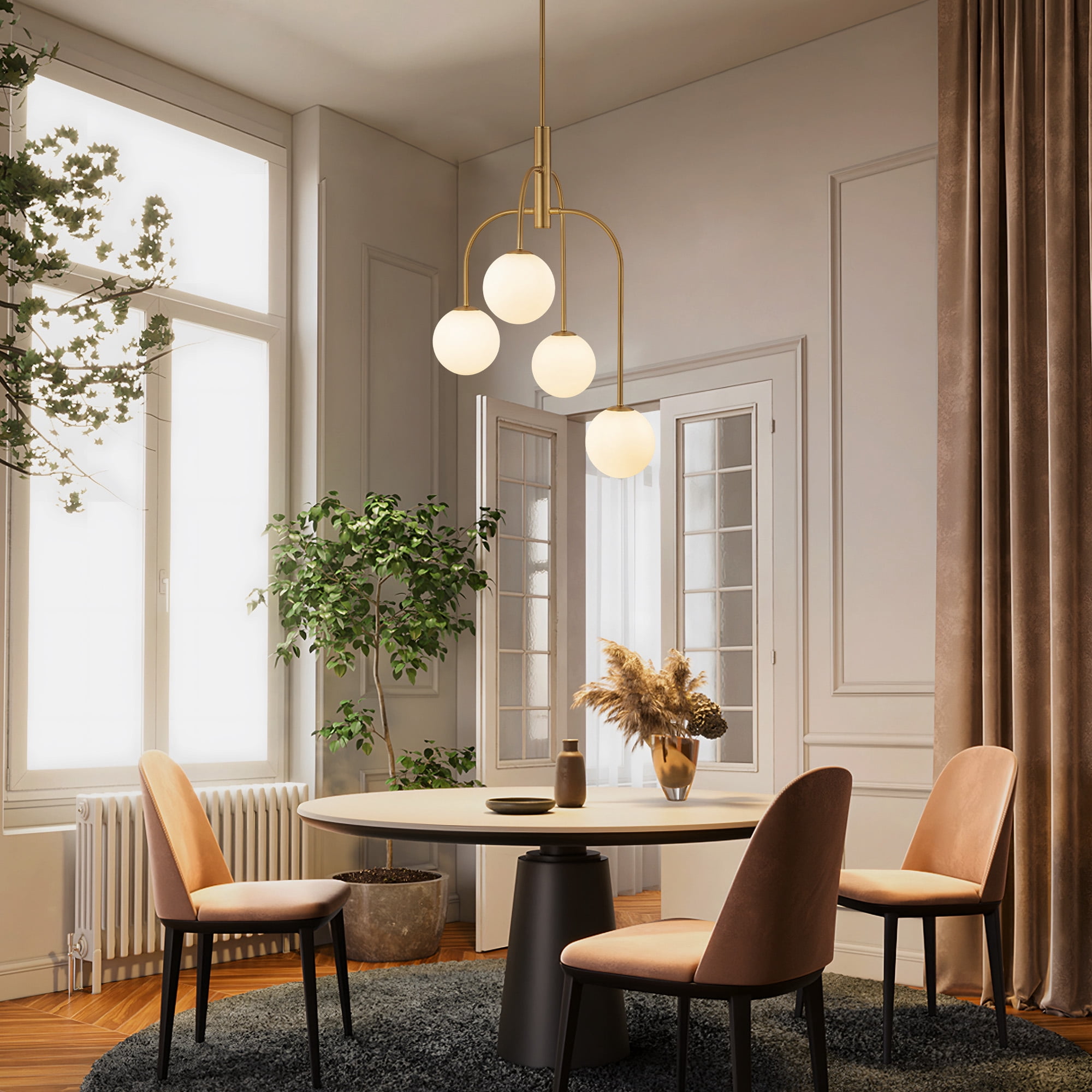 Gold Modern Chandelier Milk Glass Globe 4-Light Chandelier Brass Gold Pendant Light Fixture Industrial Iron Ceiling Light Fixture for Kitchen Island Bedroom