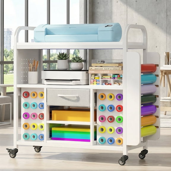 Craft Storage Organizer Cart with Wheels, Rolling Craft Table Workstation Compatible with Cricut Machine, Vinyl Roll Holder & Hooks Up, All-in-One Crafting Cabinet Cutting Stand for Supplies, Tools