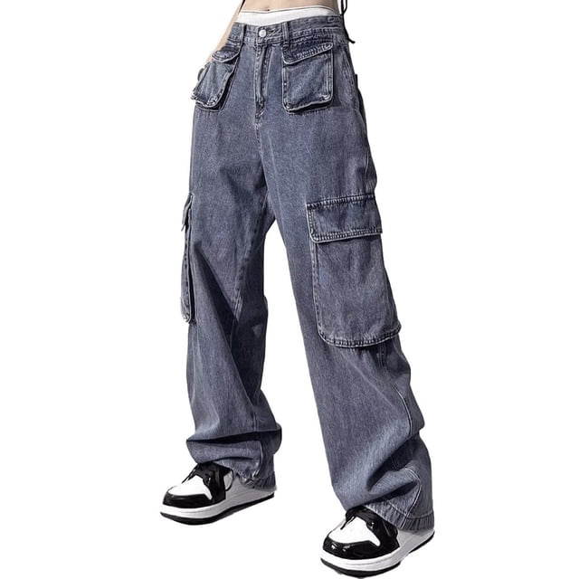 Gibobby Pantalones tipo cargo para mujer Pantalones vaqueros de cintura alta estilo urbano para mujer(Azul,G)