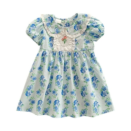 

Toddler Baby Girls Dresses Floral Printed Puff Sleeve O-Neck Summer Embroidery Turn A Swing Casual Out For 1 To 7 Years Party Leisure Fit Comfy Dress