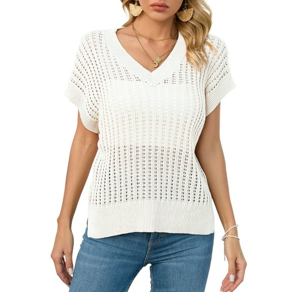 Womens V Neck Summer Pullover Sweater Vests Cap Sleeve Casual Loose Fit Lightweight Knit Vest Tops